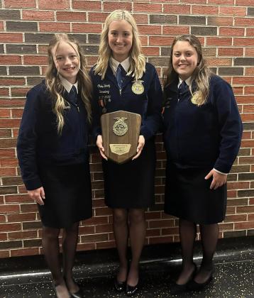 After qualifying at the regional and area levels, Tecumseh students Addison Taron, Chloe Kelsey and Maci Flowers competed in the Oklahoma State FFA Speech Contest in Stillwater on April 28. Taron performed the FFA Creed; Flowers spoke in the Plant Science Division; and Kelsey won second place for her speech on Ag Policy, according to the Tecumseh FFA Facebook page. Photo provided.