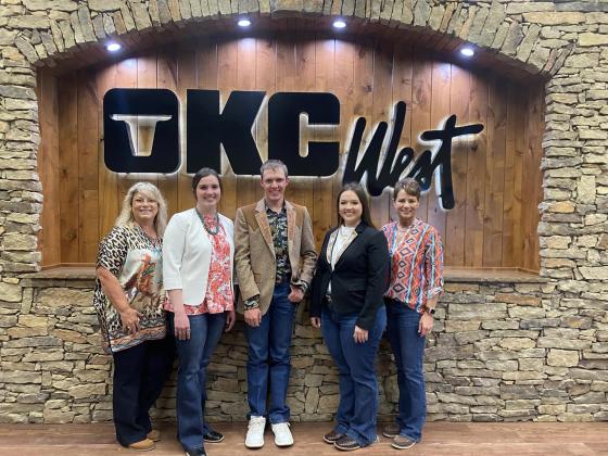 Dale grad Morley Griffith, fourth from left, won the Senior Division of the Oklahoma Cattle Women’s Beef Advocate Contest on April 14 for the second year. Contestants are judged on staged media and peer interviews in which they must demonstrate their knowledge of the cattle industry and beef nutrition. From left, are Tammi Didlot with the Oklahoma Cattle Women’s Association (OCWA); Maysen Garrett, third place; Bridger Arrington, second place; Griffith, first place; & DeeDee Haynes, of OCWA. Photo provided