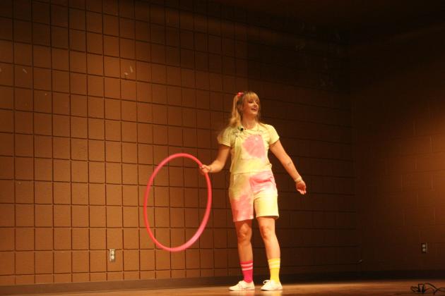 Rachel Collier, a juggler and hula-hoop artist at Inspyral Circus performed a mind warping hula hoop routine at the Tecumseh Public Library on Thursday, July 6, for its annual Summer Learning Challenge. Countywide& Sun/Valerie Scott