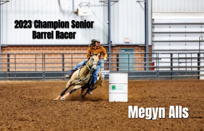 Megyn Alls of Shawnee competes on Snickers during the 4H Club State Barrel Race on July 14 in Chickasha. Alls won the event in the senior division. Photo provided.