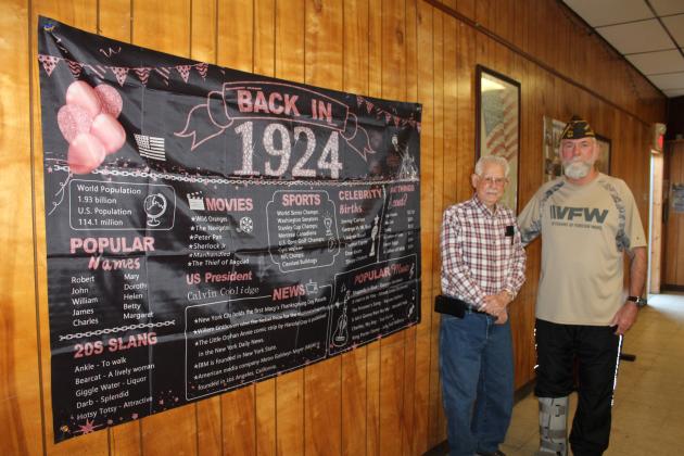 Noah "Sonny" Hines was born on Feb. 1, 1924 and celebrated his 100th birthday at the Veterans of Foreign Wars Post 1317 on Feb. 5. Here, Hines poses with a "Back in 1924" banner and Post Commander Patrick Koch. Countywide & Sun/Natasha Dunagan