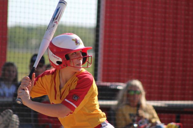 Dale's Reese Herring prepares for a hit during the April 22 home game with Class 6A Mustang. In Class 4A, the Lady Pirates slow pitch team lost, 8-17, making their record 29-6. They were scheduled to play in regionals on April 23. Countywide & Sun/Natasha Dunagan
