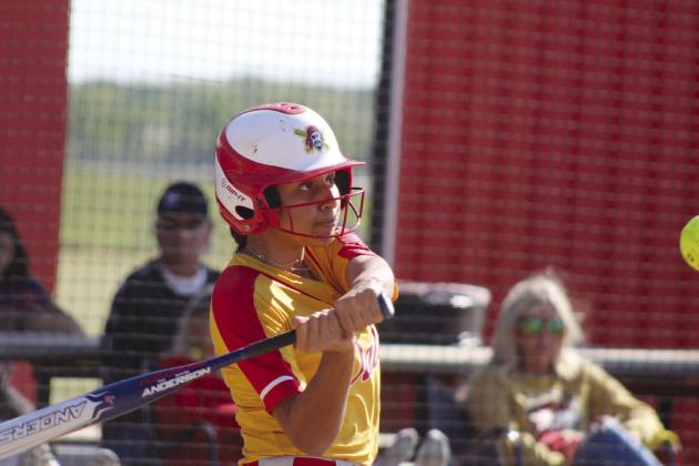 Dale’s Catelyn Edwards keeps her eye on the ball during the April 22 home game with Class 6A Mustang. In Class 4A, the Lady Pirates slow pitch team lost, 8-17, making their record 29-6. They played in Regionals on Apr 23 and beat Hinton 11-6 and Coalgate 14-3. Countywide & Sun/ Natasha Dunagan