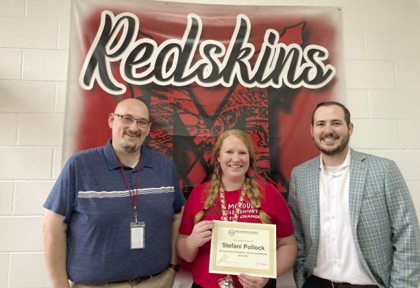 McLoud Elementary School grant winners pictured from L: Andrew Winters, Principal, Stefani Pollock and Austin Carroll, MSF President. Not pictured - Zachary Phipps.