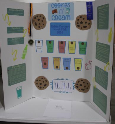Koltin Crothers, a fifth-grader at Tecumseh, got a blue ribbon and gold medal for his "Cookies n' Cream" project, in which he tested how long cookies would float in different types of liquid. Countywide & Sun/Natasha Dunagan