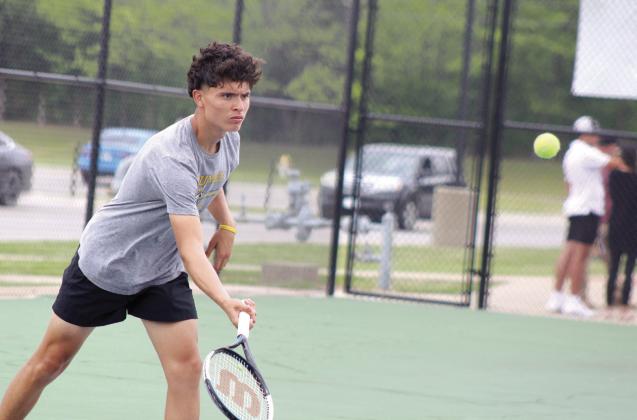 Tecumseh’s Marco Espinoza focuses on the ball during the Shawnee NGB Tournament on April 27. Espinoza placed 9th out of 10 schools in #1 Singles. Countywide & Sun/Natasha Dunagan