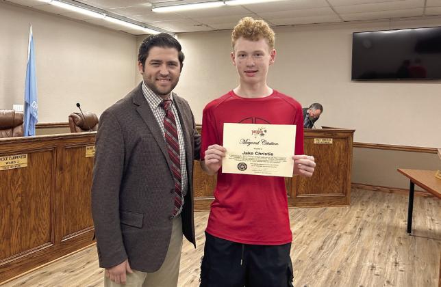 Jake Christie is recognized as the Student Leader of the Month and present a Mayoral Citation by Mayor Daniel McClure. Jake attends McLoud High School and is a member of the basketball team. Countywide &amp; Sun/Suzie Campbell